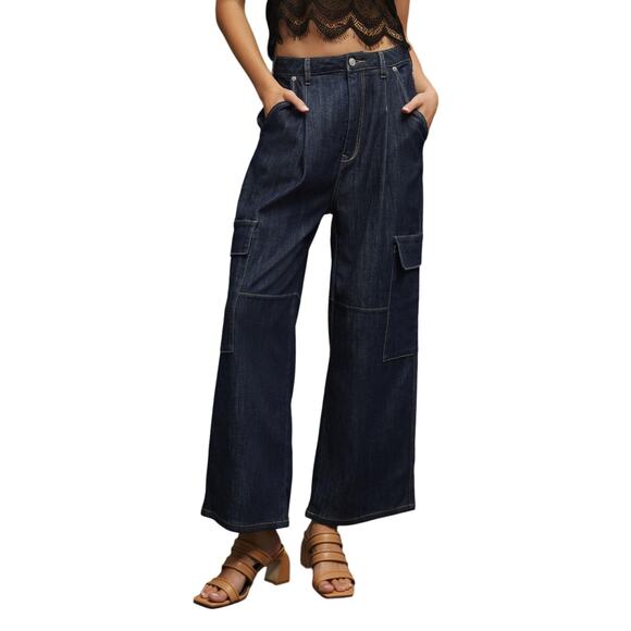 NEW Anthropologie Pilcro Low Slung Relaxed Fit Cargo Jean Blue Oversized Size 32 - Picture 2 of 15